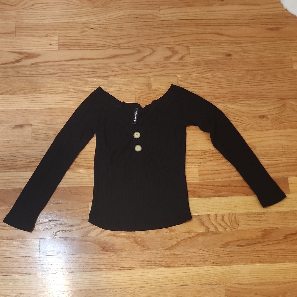 Women's Black Long Sleeves Top Button-Detail V-neckline Casual Minimalist Size S